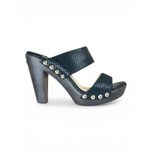 Jimmy Choo Ulrika Black Snakeskin Embossed Studded Wooden Platform Mules Size 39